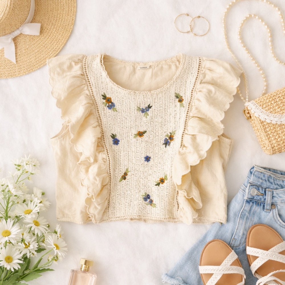 Pimkie Floral Embroidered Ruffle Top Cream Cotton Linen Side Zip Small EU 40